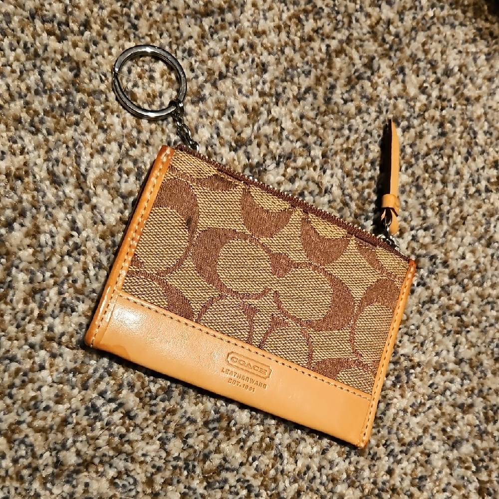Coach Tan and Brown Signature Card/Coin Holder Keychain